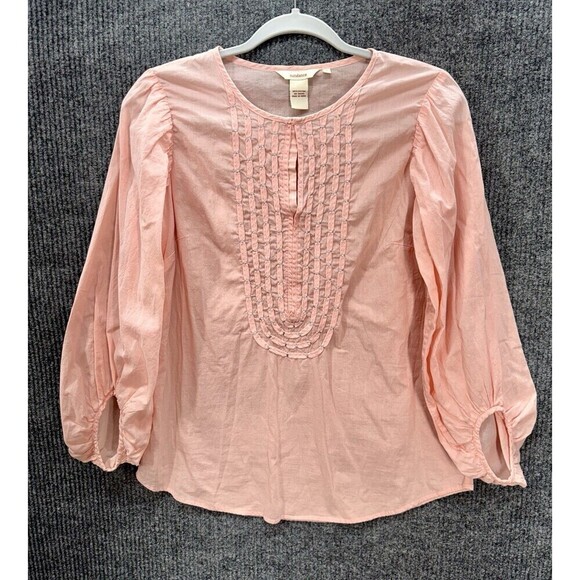 Sundance Tops - Sundance Pintuck Cotton Top Womens Small Pink Metallic Puff Sleeve Keyhole Neck